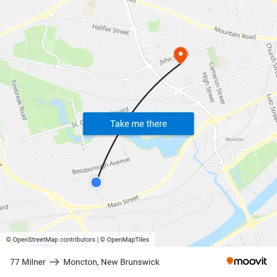 77 Milner to Moncton, New Brunswick map