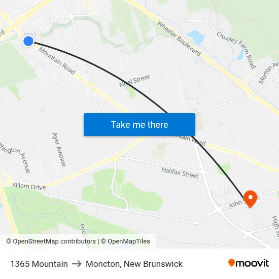 1365 Mountain to Moncton, New Brunswick map