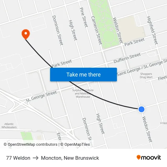 77 Weldon to Moncton, New Brunswick map