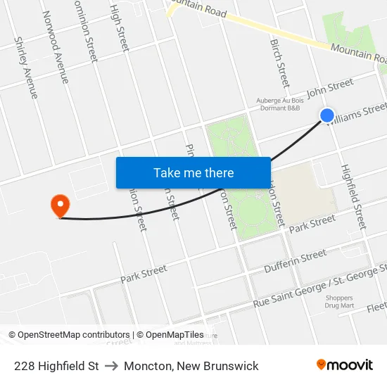 228 Highfield St to Moncton, New Brunswick map