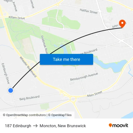 187 Edinburgh to Moncton, New Brunswick map