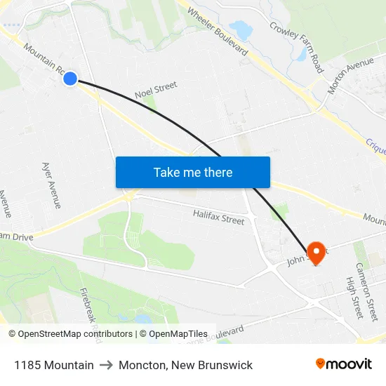 1185 Mountain to Moncton, New Brunswick map