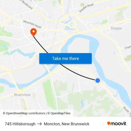745 Hillsborough to Moncton, New Brunswick map