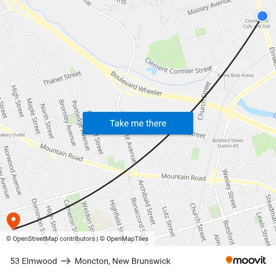 53 Elmwood to Moncton, New Brunswick map