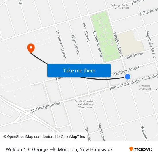 Weldon / St George to Moncton, New Brunswick map
