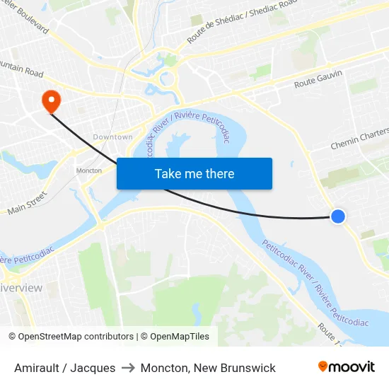 Amirault / Jacques to Moncton, New Brunswick map