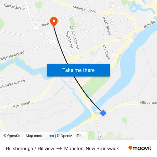 Hillsborough / Hillview to Moncton, New Brunswick map