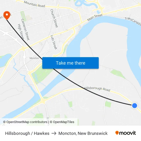 Hillsborough / Hawkes to Moncton, New Brunswick map