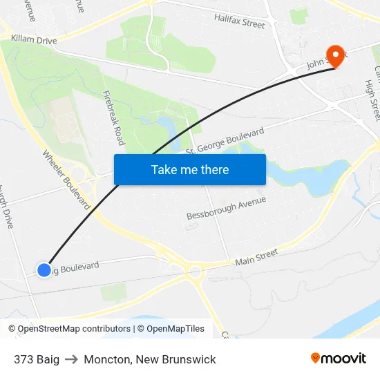 373 Baig to Moncton, New Brunswick map