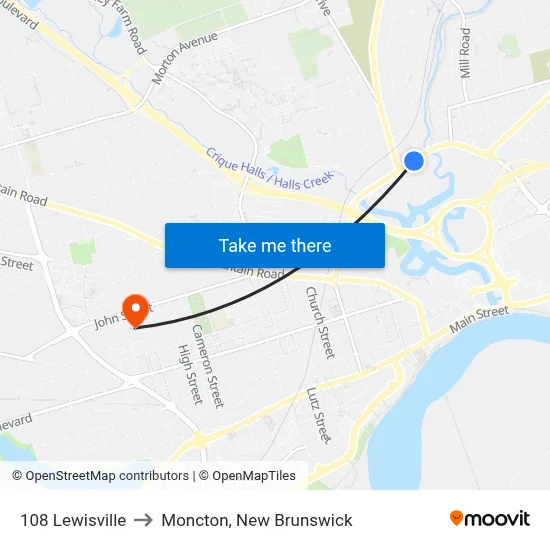 108 Lewisville to Moncton, New Brunswick map