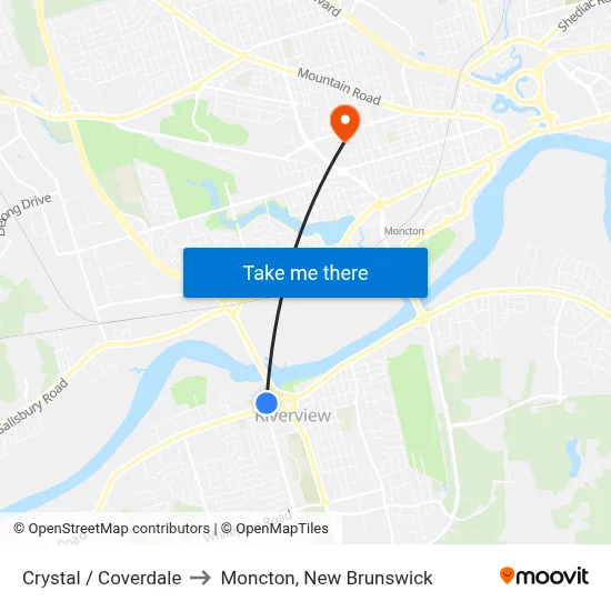 Crystal / Coverdale to Moncton, New Brunswick map