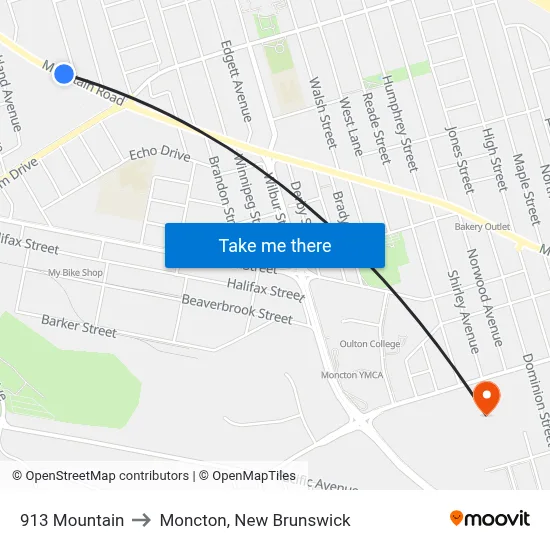 913 Mountain to Moncton, New Brunswick map