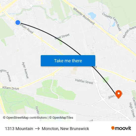 1313 Mountain to Moncton, New Brunswick map