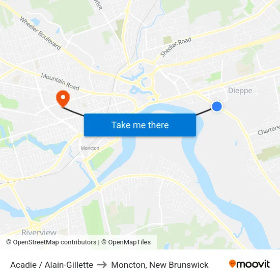 Acadie / Alain-Gillette to Moncton, New Brunswick map