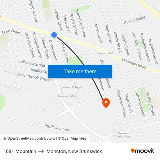 681 Mountain to Moncton, New Brunswick map