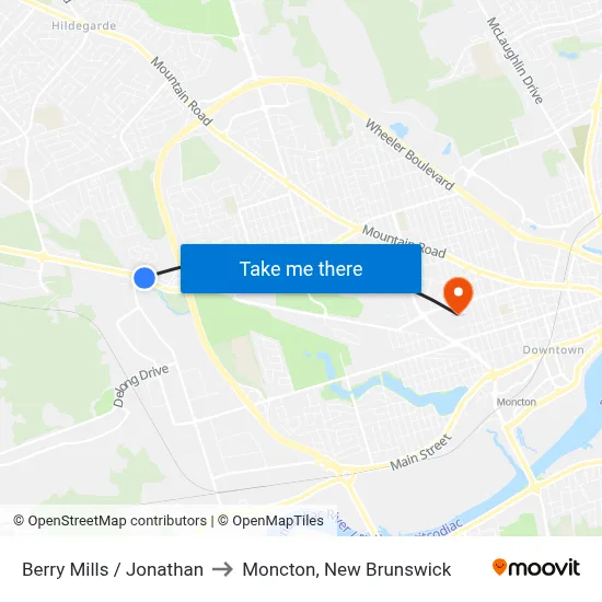 Berry Mills / Jonathan to Moncton, New Brunswick map