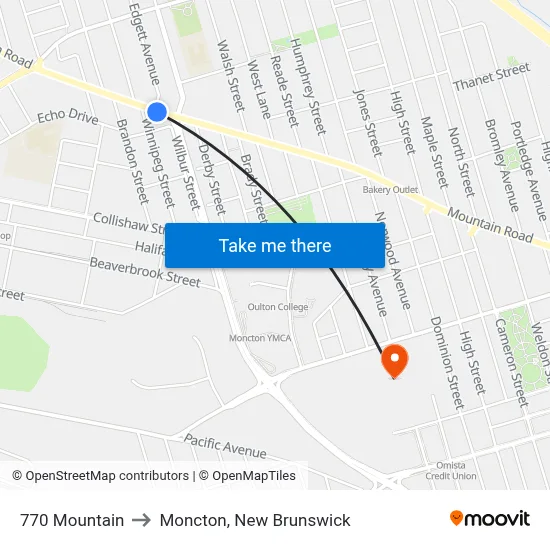 770 Mountain to Moncton, New Brunswick map