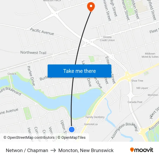 Netwon / Chapman to Moncton, New Brunswick map