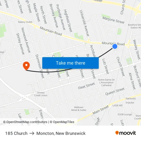 185 Church to Moncton, New Brunswick map
