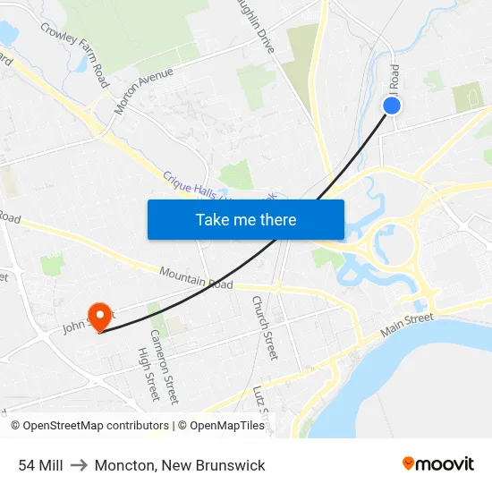 54 Mill to Moncton, New Brunswick map