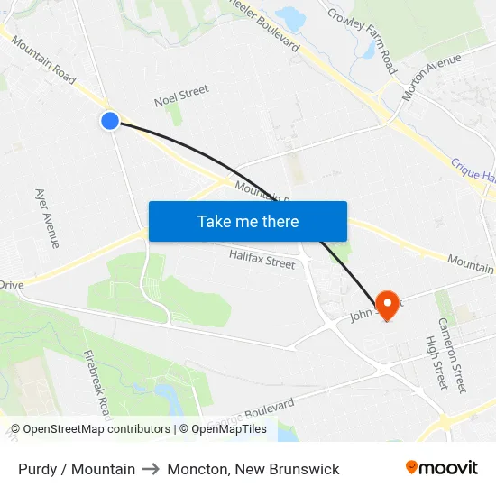 Purdy / Mountain to Moncton, New Brunswick map