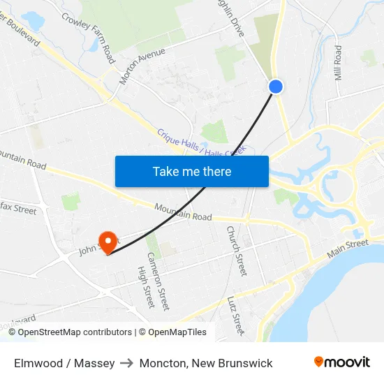 Elmwood / Massey to Moncton, New Brunswick map