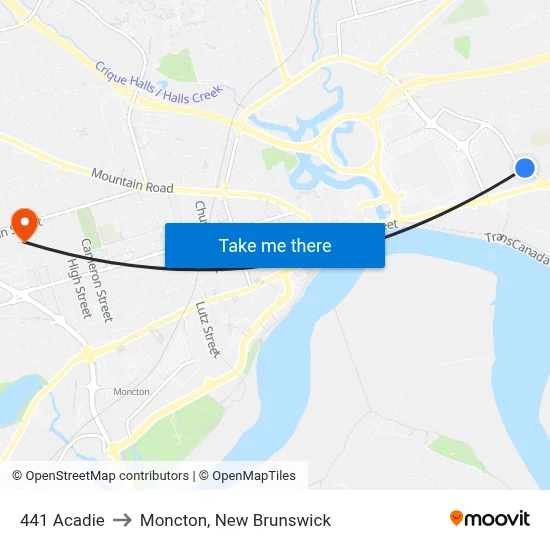 441 Acadie to Moncton, New Brunswick map