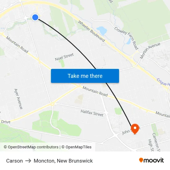 Carson to Moncton, New Brunswick map
