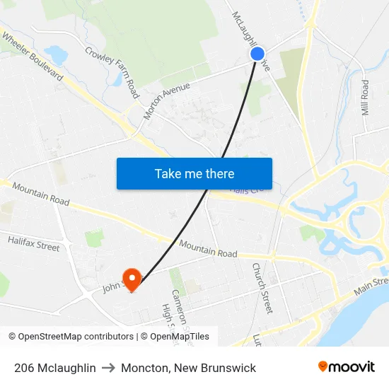 206 Mclaughlin to Moncton, New Brunswick map