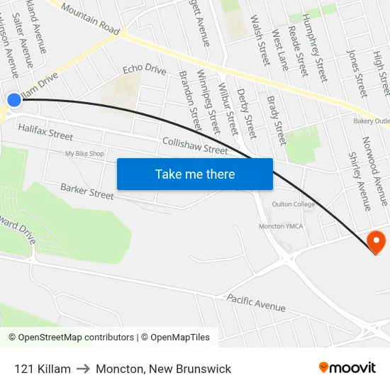 121 Killam to Moncton, New Brunswick map