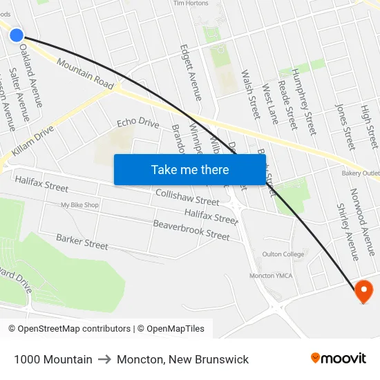 1000 Mountain to Moncton, New Brunswick map