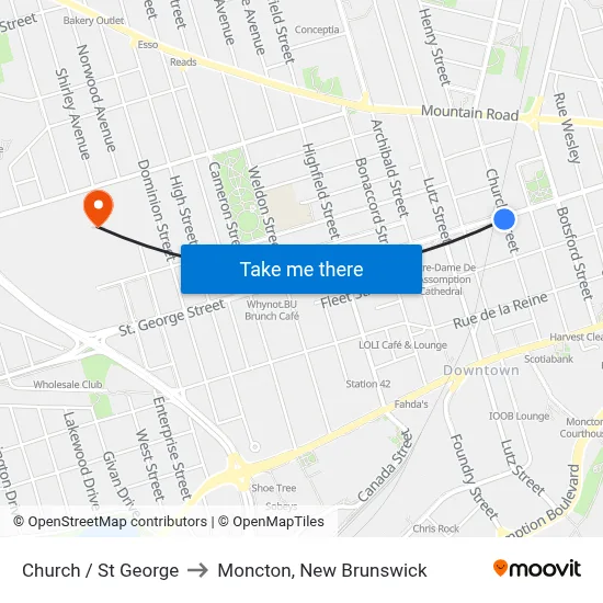 Church / St George to Moncton, New Brunswick map