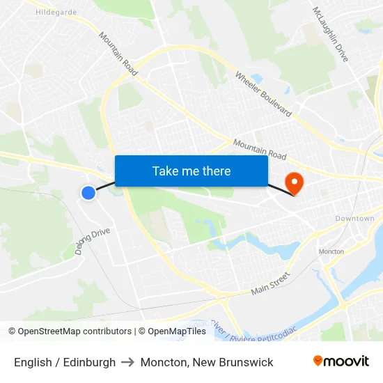 English / Edinburgh to Moncton, New Brunswick map