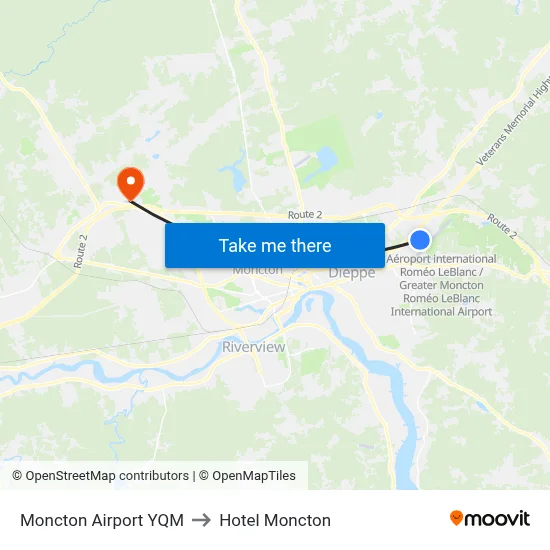 Moncton Airport YQM to Hotel Moncton map