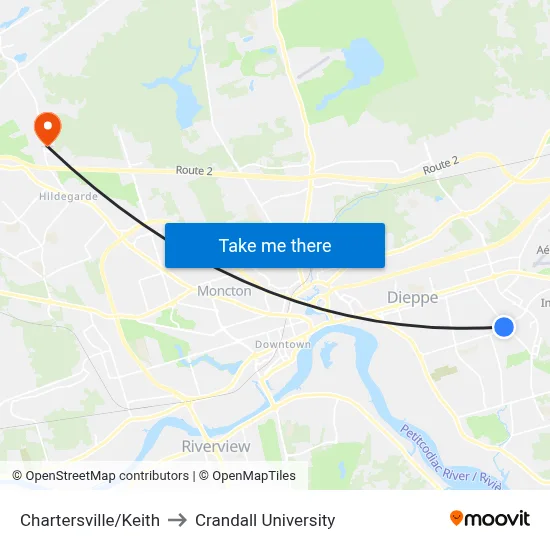 Chartersville/Keith to Crandall University map
