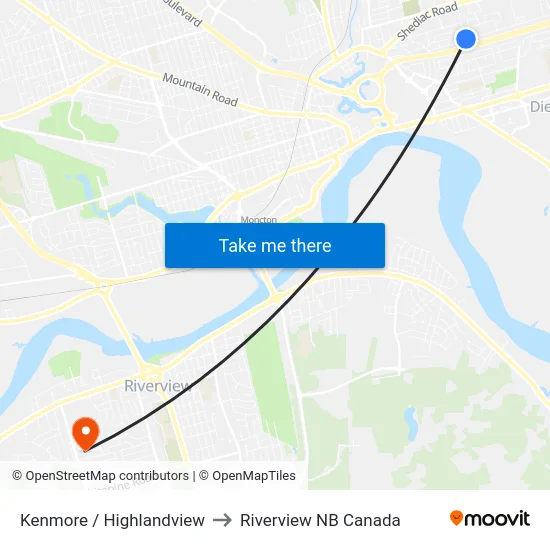 Kenmore / Highlandview to Riverview NB Canada map