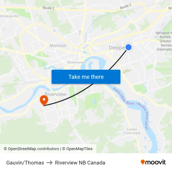 Gauvin/Thomas to Riverview NB Canada map