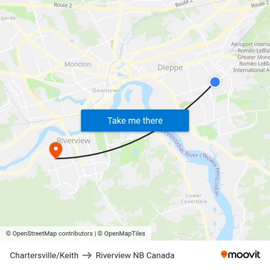 Chartersville/Keith to Riverview NB Canada map