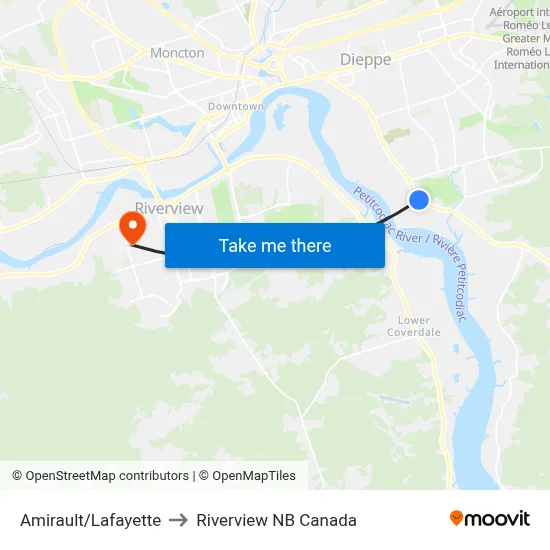 Amirault/Lafayette to Riverview NB Canada map
