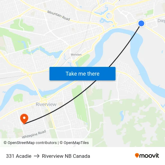 331 Acadie to Riverview NB Canada map
