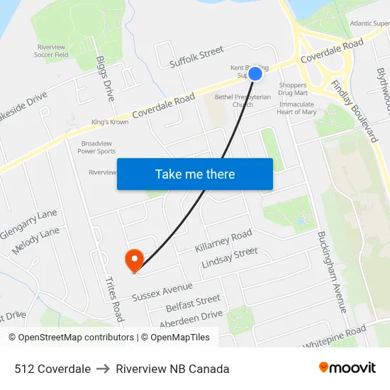 512 Coverdale to Riverview NB Canada map