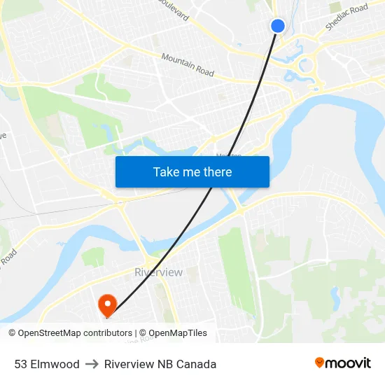 53 Elmwood to Riverview NB Canada map