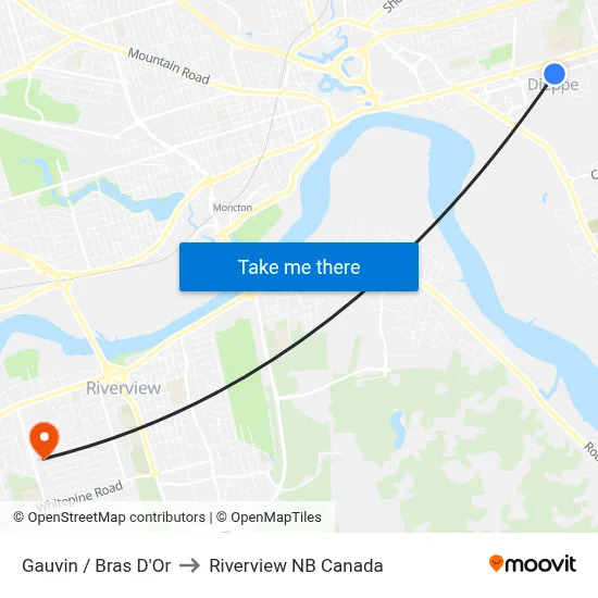 Gauvin / Bras D'Or to Riverview NB Canada map