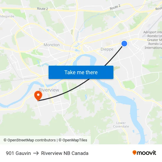 901 Gauvin to Riverview NB Canada map