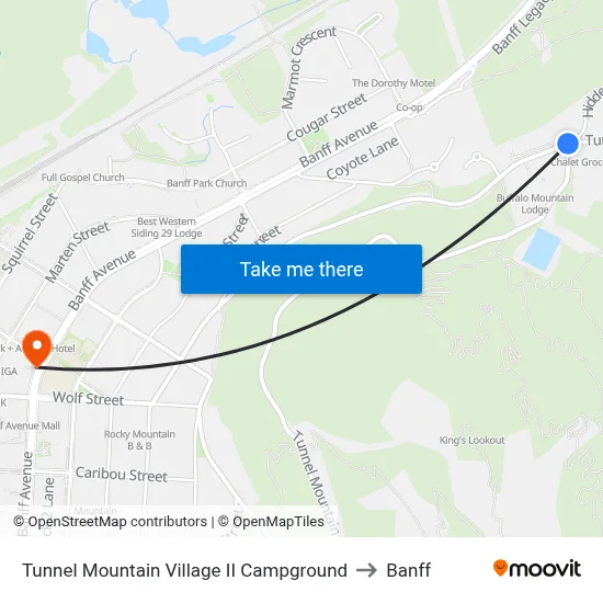 Tunnel Mountain Village II Campground to Banff map