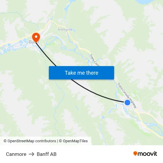 Canmore to Banff AB map