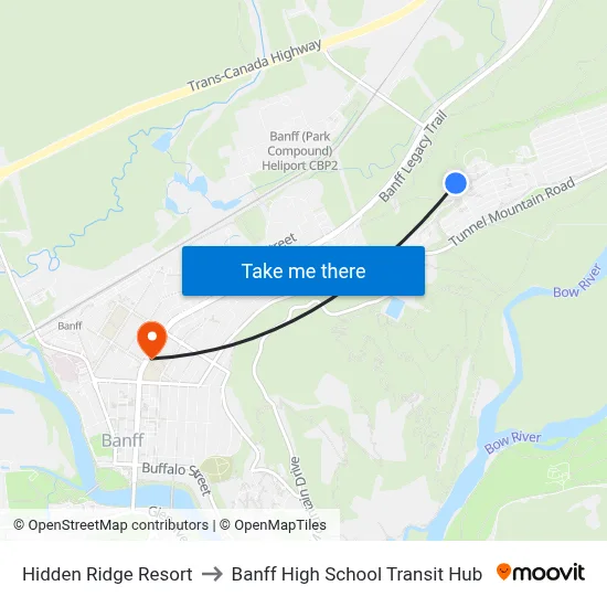 Hidden Ridge Resort to Banff High School Transit Hub map