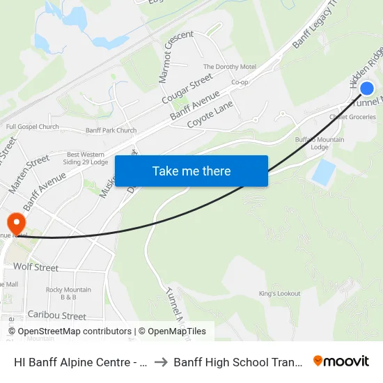 HI Banff Alpine Centre - Hostel to Banff High School Transit Hub map