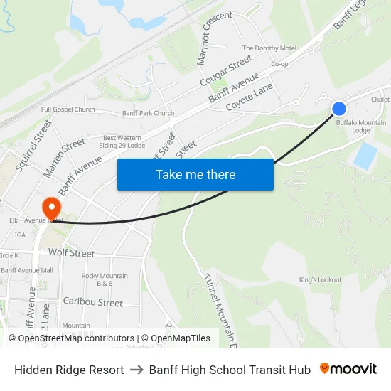 Hidden Ridge Resort to Banff High School Transit Hub map