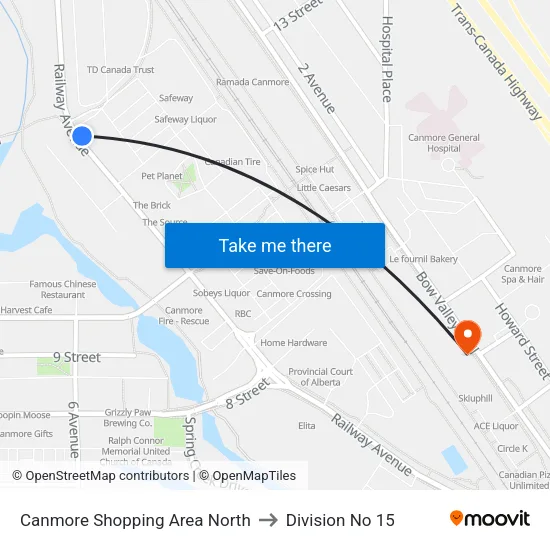 Canmore Shopping Area North to Division No 15 map